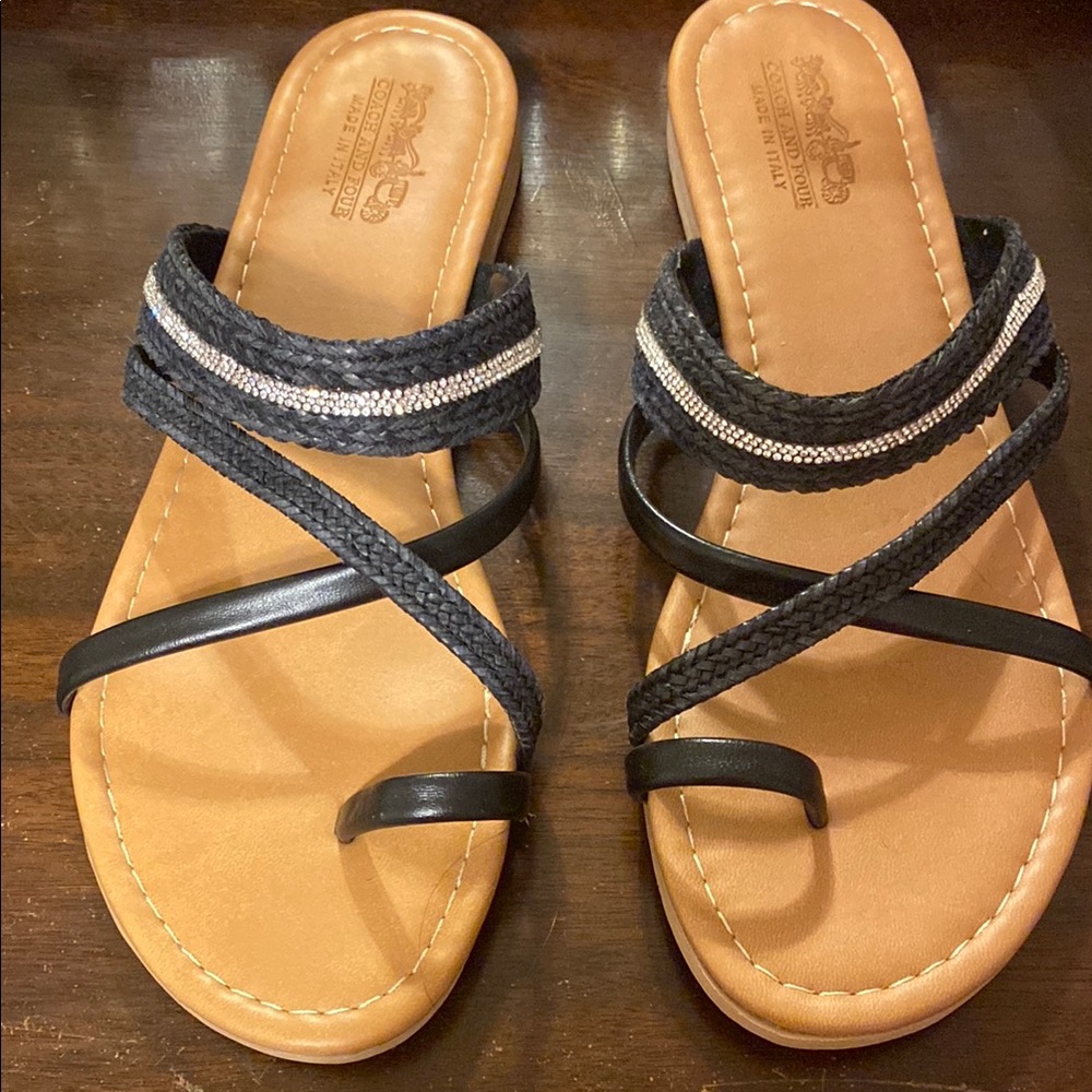 Dark Blue and Tan Sandals with Crisscross Straps - Picture 2 of 5